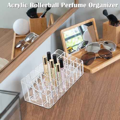 ELLDOO Rollerball Perfume Organizer, 36 Spaces Clear Acrylic Perfume Storage Holder Beauty Scent Holder, Makeup Lipgloss Lipstick Display Case