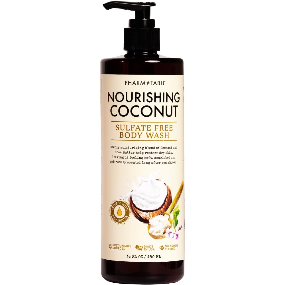 PHARM TO TABLE Nourishing Coconut Body Wash for Women and Men Softens and Soothes the Skin, Sulfate Free, 100% Cruelty Free, 480ml