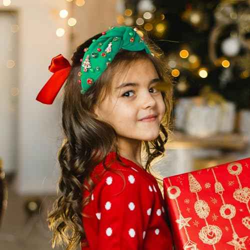 MOSOTECH Christmas Headbands for Women, Candy Cane Crystal Pearl Top Knotted Holiday Headbands, Christmas Outfits Costume Xmas Headpiece Hair Accessories, Ugly Sweater Party Favors Gifts (Red)