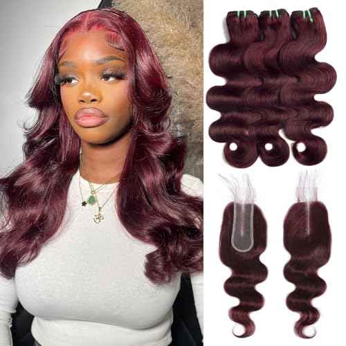 13A Double Drawn Dark Burgundy 99J Bundles Human Hair Body Wave with 2x6 Lace Closure deep part, 100% Raw Hair Wavy Extension Colored Cherry Red #99J 3 Bundles with 2 by 6 Closure 12 14 16+12