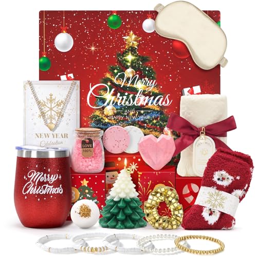 Christmas Gift Baskets for Women, Christmas Advent Calendars 2025 for Adult Women and Teen Girls, Luxury Spa Self Care Christmas Gifts Basket Countdown Calendar for Mom Wife Girlfriend Red
