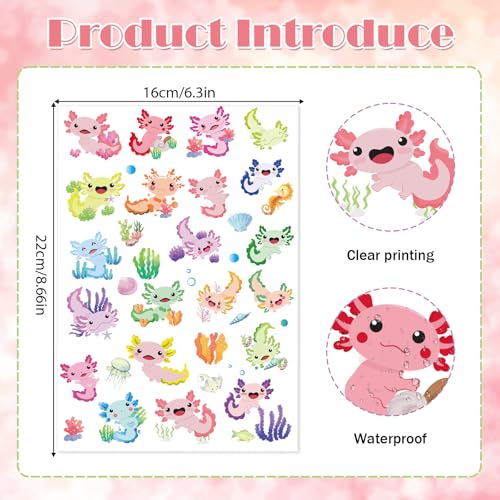 8 Sheets Axolotl Temporary Tattoos Stickers - 200+ Designs