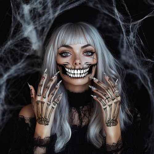 8-Piece Skeleton Halloween Face Tattoos - Waterproof Makeup Stickers