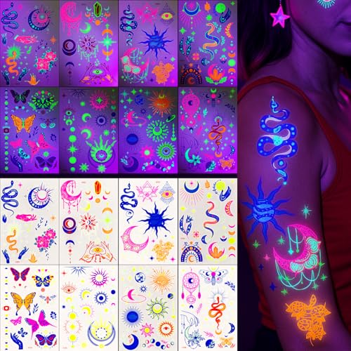UV Neon Temporary Tattoos - 12 Sheets Glow in Dark