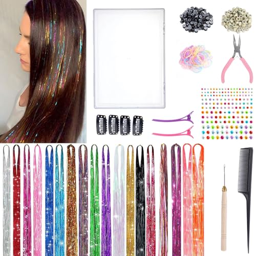 Hair Tinsel Kit - 48 Inch Glitter Extensions, 20 Colors for Festivals