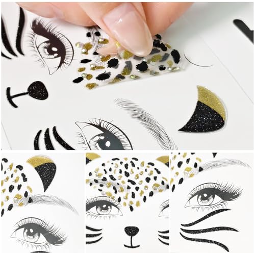 Cat Face Gems Rhinestone Stickers – Black & Gold Patterns