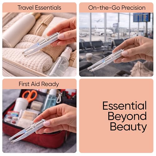 Sensica Eyebrow Tweezers with Light ? LED Lighted Tweezers for Women Facial Hair ? Precision Eyebrow Plucking Slant Tip Stainless Steel Tweezer with Long Arms & 3 Extra Batteries