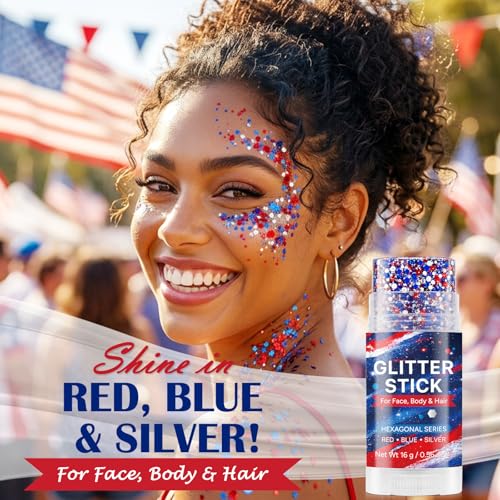 Patriotic Red White Blue Glitter Stick for Face & Body Waterproof 4th of July Makeup