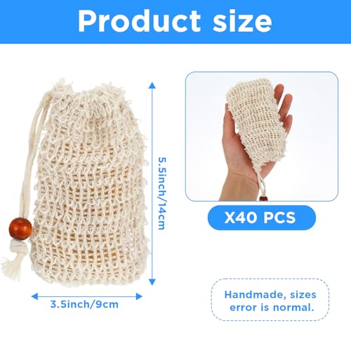 40 Pack Soap Saver Bags, Natural Sisal Exfoliating Soap Pouch with Drawstring Wooden Bead, Foaming Drying Mesh Net for Bath and Shower, 5.5 x 3.5 Inch