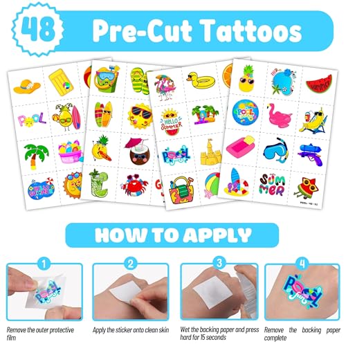 72Pcs Pool Party Favors Set - 48 Tattoos & 24 Slap Bracelets