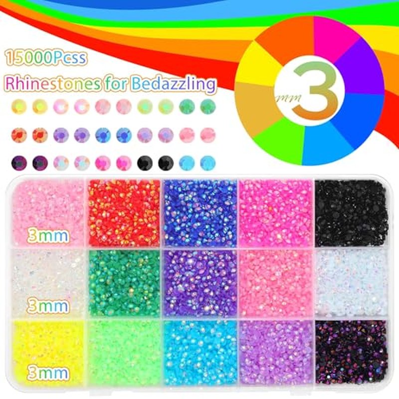 15000pcs 3mm Flatback Rhinestones Kit, 15 Colors