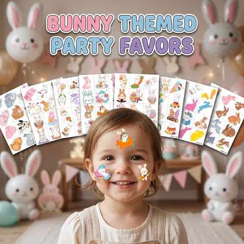 96 Bunny Temporary Tattoos for Kids - 8 Sheets