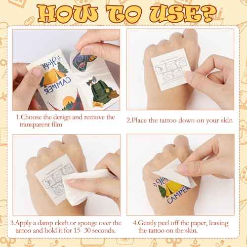 Konsait 96Pcs Camping Temporary Tattoos, Pre-Cut Camping Party Decorations Tattoos Stickers Campings Party Favors, Camp Gifts Camping Fun Stuff Accessories Party Ideas