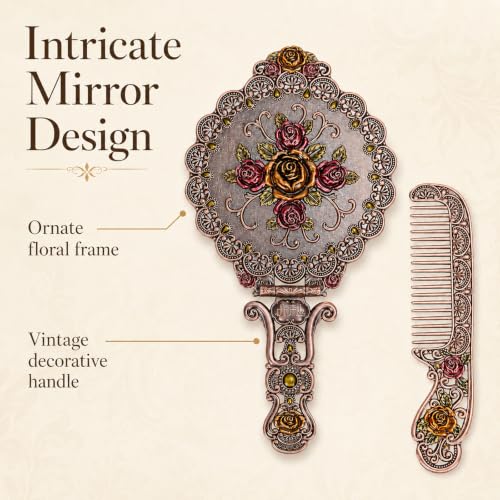 Vintage Hand Mirror & Comb Set - Antique Embossed Rose Design