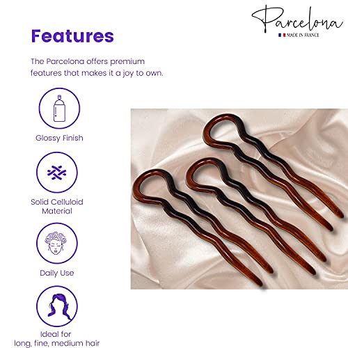 Parcelona 3-Pack French Tortoise Shell Wavy Bobby Pins - Brown, 3.5 inch