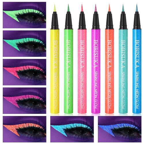 BOBISUKA UV Sparkling Eyeliner Set - 7 Color Neon Glitter Liquid & Glow Eyeliners - Waterproof, Long-lasting, Festival Makeup Kit (Variation: UV Sparkling Eyeliner Kit)