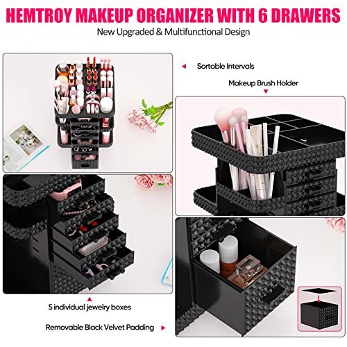 Rotating Makeup Organizer with 6 Drawers[New Updated], Multifunctional Cosmetics Organizer for Vanity Countertop, Square Jewelry Storage, Skincare Organizer for Makeup Holder (Plus Size-Black)