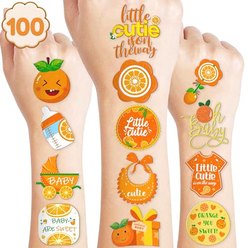 Orange Temporary Tattoos 10 Sheets 100 PCS Baby Shower Party Decorations Favors Supplies Baby Theme Birthday Stickers Christmas Gifts for Boys Girls Class School Prizes Carnival