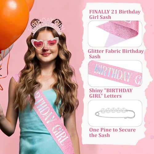 Birthday Girl Sash Headband Glasses Tiara Set Pink
