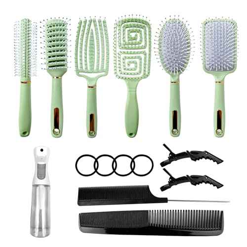 11PCS Hair Brush Set, Round Brush and Paddle Hair Brush Great on Wet Long Thick Hair, Detangling Brush and Spray Bottle for Wavy Curly Hair Green