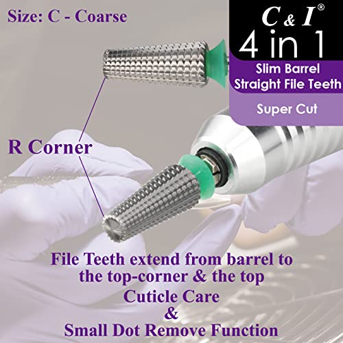 C & I Nail Drill Bit 4 in 1 Super Cut E-File, Multi-function plus Upgrade File-Teeth, Slim Barrel & Straight Cut, for Manicure Drill Machine, Help Nail Tech to Remove Nail Works (Coarse-C)