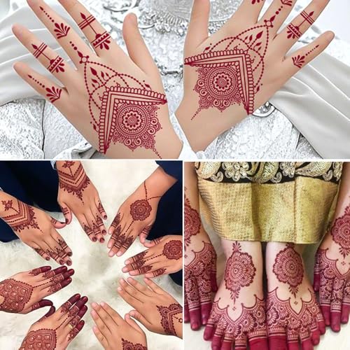 18 Sheets Traditional Henna Temporary Tattoo Stickers, Brown, Waterproof, Wedding Party Design with Peacock and Lotus Patterns, Body Art