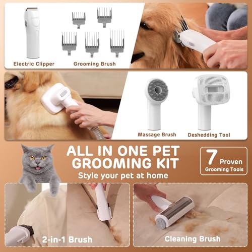 HEAPETS White Pet Hair Grooming Vacuum Kit with 7 Tools, 3L Capacity, Low Noise