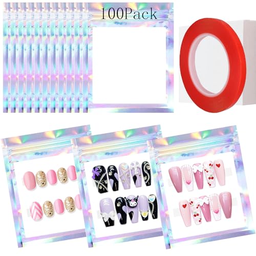 Qenk 201PCS Holographic Nail Storage & Packaging Bags Set