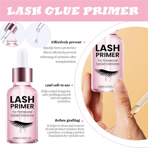 Lash Glue Primer Super Lash Bonder for Eyelash Extensions Kit Instant Cure Adhesive Companion Lash Glue Remover 6IN1 Professional Use Only Lash Extension Supplies with Tweezers Applicator