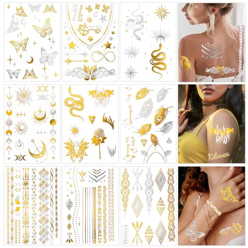 Konsait 9-Sheet Metallic Temporary Tattoos - Gold & Silver Designs