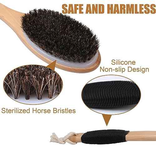 OWIIZI Horsehair Bath Brush Wooden Curved Long Handle Antiskid Shower Brush for Exfoliating, Natural Mane Scrubber for Back Use Wet or Dry,Back Scrub Deep Cleanse-17.2inches