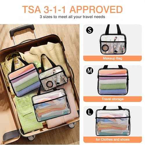 XEWEA Large Small Clear Travel Toiletry Bags with Handles & Pocket for Men Women, 3PCS TSA Approved Transparent Makeup Bag,Waterproof PVC Quart Organizer with Zipper for Toiletries Airline Essentials