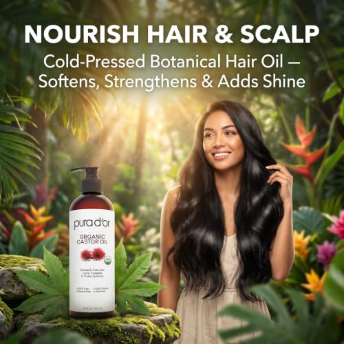 PURA D'OR Organic Castor Oil 16oz Cold-Pressed for Hair Skin Nails - USDA Certified
