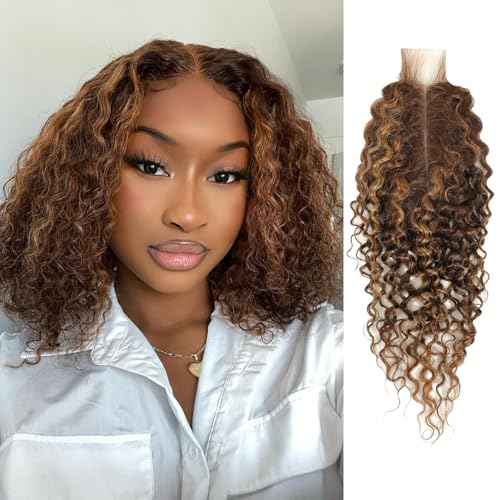 ALHER Long Deep Part 2x6 Closure Water Wave Honey Blonde Highlight, Ombre Brown and Blond Wet and Wavy 2x6 Kim K Lace Closure Pre Plucked With Baby Hair, #P4/27 Color Real Human Hair Closure 14 Inch