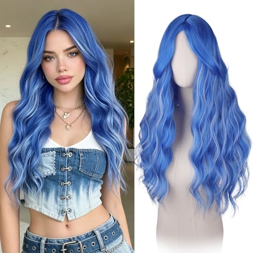 Blue Wavy Wig with Curtain Bangs - 26 Inch Synthetic Hair
