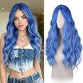 Blue Wavy Wig with Curtain Bangs - 26 Inch Synthetic Hair