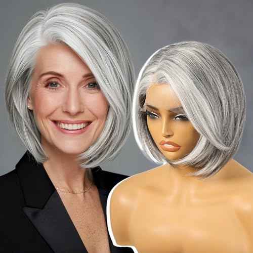 Grey Synthetic Lace Front Wig,Silver Side Part Short Straight Glueless Bob Wigs for White Women Daily Use 10IN (#2/60HL)