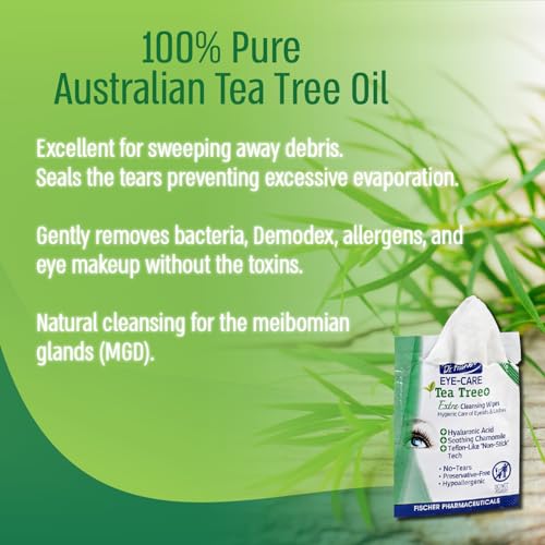 Dr. Fischer Tea Tree Oil Eye Wipes - Hypoallergenic Eyelid Wipes for Sensitive Eyes with Hyaluronic Acid and Chamomile, Makeup Remover, Daily Cleanser (30 wipes)