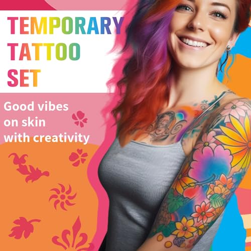 Temporary Tattoo Markers - 15 Colors with Neon Glow & 50 Stencils