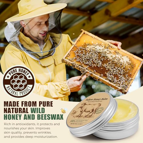 Beef Tallow for Skin (2.5oz), Tallow and Honey Balm, 100% Grass-Fed Tallow Moisturizer with Beeswax & Honey, Face & Body Cream for Dry Skin