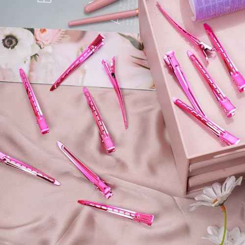 24 Packs Duck Bill Clips, Bantoye 3.35 Inches Rustproof Metal Alligator Curl Clips with Holes for Hair Styling, Hair Coloring, Bright Pink