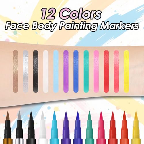 12-Color Face Body Painting Markers - Water-Resistant Tattoo Pen