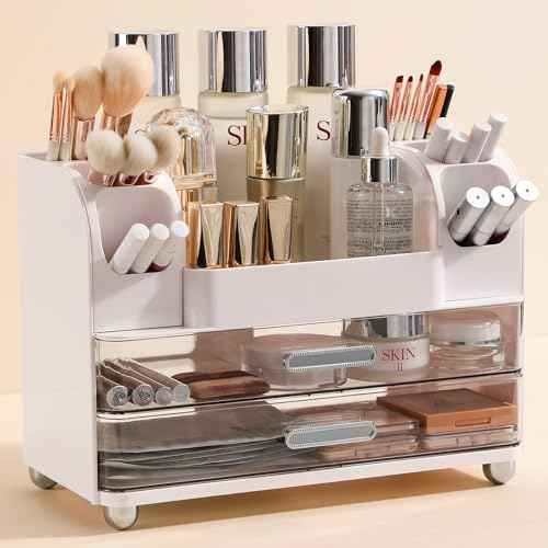 Anyoifax Makeup Organizer Countertop with Large Drawers, Vanity Organizer with Brush Holder, Skin Care Storage for Dresser, Perfume Organizer for Lotion, Lipsitck, Palette, White