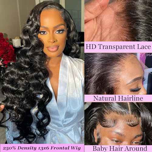 13x6 HD Frontal Wig 250 Density HD Lace Front Wigs Human Hair Pre Plucked with Baby Hair Brazilian Virgin Hair Glueless Body Wave Wig 18 Inch Transparent Lace Front Wigs Human Hair Natural Black