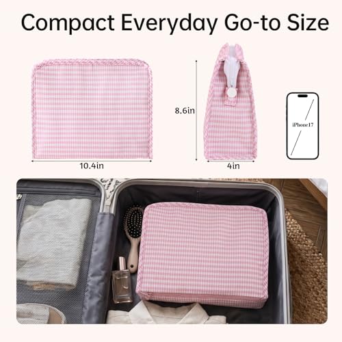 Gingham Travel Makeup Bag with Zipper Pouch, Pink