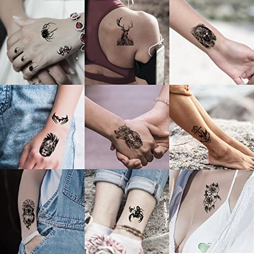 JEEFONNA Black Temporary Tattoos Set for Men Women - 82 Sheets Body Art Stickers