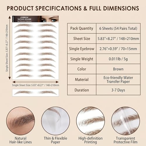 4D Hair-Like Eyebrow Tattoo Stickers - 54 Pairs (6 Sheets)