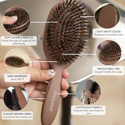 FRAMAR Soft Boar Bristle Hair Brush for Fine Hair - Chocolate