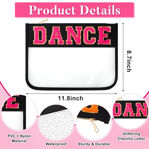 Aliceset 6 Pcs Dance Chenille Letter Preppy Patch Makeup Snack Bags,Gift for Women Waterproof PVC Cosmetic Organizer Storage,Flat Clear Portable Toiletry Zipper Pouch(Black)