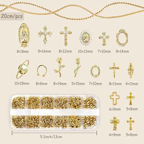 3D Cross Nail Charms,Gold Flat Back Nail Pearls Beads for Crafting,Cute Nail Charms Y2k Rhinestones Jewelry for Nail Art Flower Virgin Mary Religious Charms Gems Bulk Nail Chains (Gold)